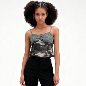 Mixed Threads Camouflage Lace Knit Camisole Crochet Crop Top Army Green Size L